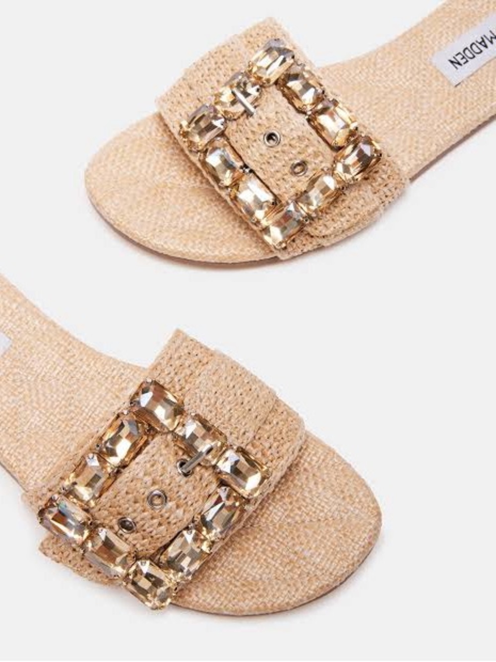 STEVE MADDEN MARIKA Woven Raffia Slide Slip-On Summer Sandals Jeweled Buckles